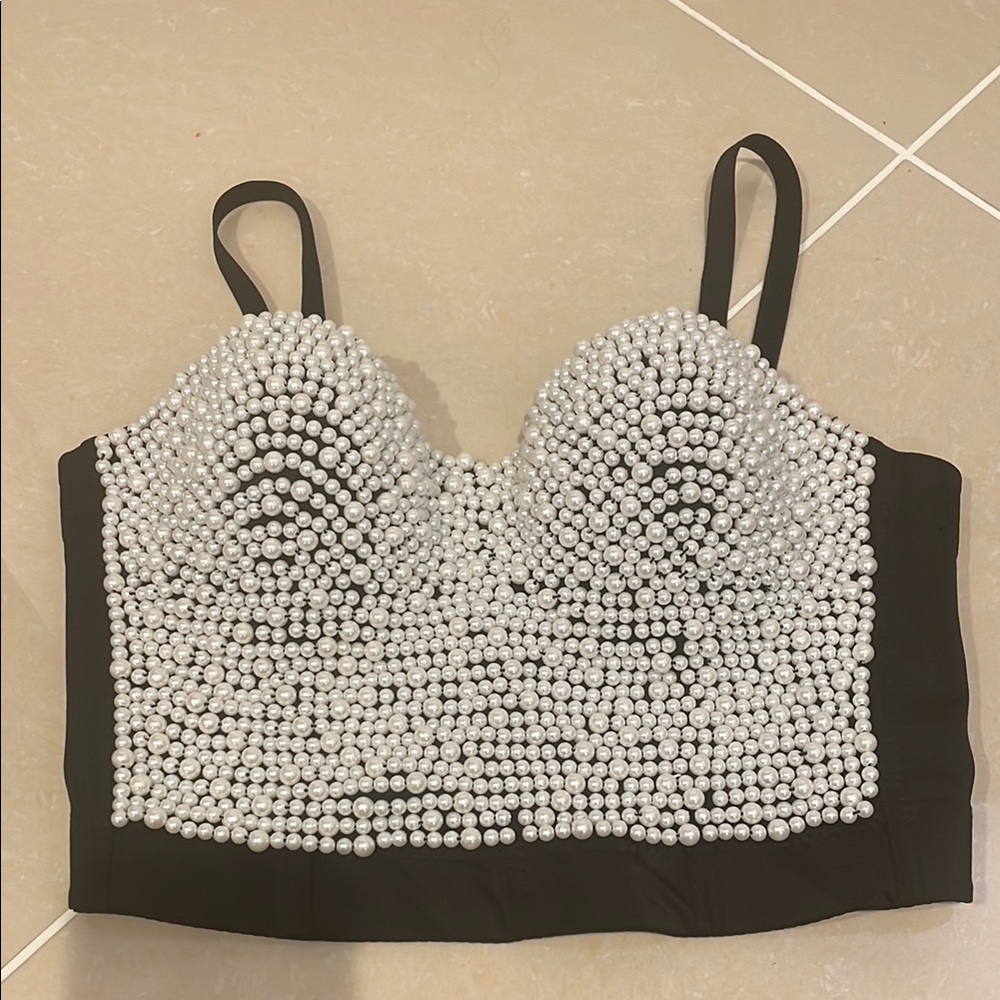 Elegant Black and White Pearl Embellished‎ Women's Top